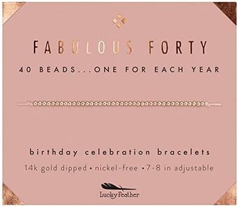 Lucky Feather 40th Birthday Gifts for Women, 14K Gold Dipped Beads Bracelet on Adjustable 7"- 8" Cord - Perfect 40th Birthday Gift Ideas for Her, 8 inch, Rose Gold