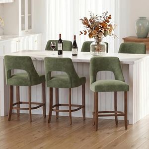 UVV Bar Stools Set of 6, Upholstered Counter Height Bar Stools, Modern Counter Stools with Wood Legs for Kitchen Island Dining Room Bar, Green