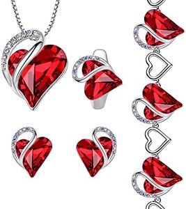 Leafael Infinity Love Heart Necklace, Stud Earrings, Bracelet, and Ring Set, July Birthstone Crystal Jewelry, Silver Tone Gifts for Women, Siam Ruby Red