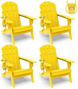 GREENVINES Folding-Adirondack-Chairs-Set-of-4 | HDPE Plastic | Fire Pit Chair | All Weather | Cup Holder | Yellow | for Deck Backyard Patio Outdoor Garden