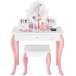 Costzon Kids Vanity Set with Mirror, 2 in 1 Princess Makeup Dressing Table w/Detachable Top, Toddler Vanity w/ 360° Rotating Mirror, Drawers & Stool, Pretend Play Vanity Set for Little Girls (White)