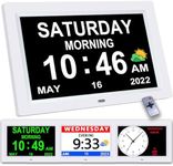 CAZOKASI 9inch Auto Dimmable Calendar Day Clock Digital Photo Frame HD Display 12 Alarms Extra Large Impaired Vision Digital Clock with Non-Abbreviated Day & Month Alarm Clock (White / 9inch)