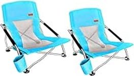 Nice C Beach Chair, Beach Chairs for Adults, Chaise de Plage, Low Reclining Festival Chair, with Cup Holder & Carry Bag Compact & Heavy Duty Outdoor, BBQ, Travel (2 Pack of Blue)