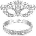 Sureio 2 Pcs Rhinestone Masquerade Mask and Choker Necklace Jewelry Set Crystal Rhinestone Eye Mask Necklace for Women Costume, One Size, Metal Rhinestone