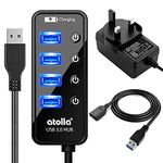 Atolla 4 ports USB 3.0 Hub SuperSpeed Data Transmission with On Off Switch + 1 Charging Port with 15W(5V/3A) Powered Supply Adapter and 1M USB 3 Extension Cable