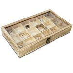 MOOCA Wooden Jewelry Display Case with Tempered Glass Lid & 18 Compartments Tray, Rock Collection Box, Crystal Display Case, Oak Color