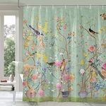 Shower Curtain Green Mould Proof Resistant Waterproof Bird Floral Bathroom Curtains with 12 hooks Quick-Drying Weighted 180x180cm (71x71Inch) Polyester Shower Curtains for Bathroom Wet Room Tub