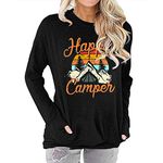 Fuyxxmer Happy Camper Sweatshirt Women Vintage Mountain Graphic Tee Long Sleeve Pullover Blouses Top Shirts with Pockets Black