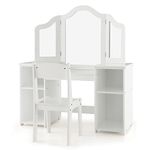 COSTWAY Kids Vanity Set, Children Dressing Table with Stool, Tri-Folding Detachable Mirror, Storage Shelves, Girls Makeup Tables for Playroom Bedroom