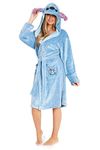 Disney Ladies Dressing Gowns Fleece Hooded Women's Robes Stitch Gifts (Blue, L)