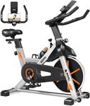 Goimu Stationary Exercise Bike, Indoor Cycling Bike, 7-Way Adjustable Seat for Cycling Cardio workout at Home, Heavy-Duty Steel Frame with Tablet Mount & LCD Monitor, 1 Second Quick Brake Stop (Orange)