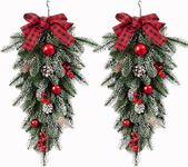 2Pcs Artificial Christmas Swag 21.6 Inch Christmas Teardrop Door Swag with Pinecones Red Berries Ribbon Bow Flocked Greenery Pine Needles Wreath for Holiday Wall Door Lintel Festival Winter Decor(#1)