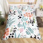 Erosebridal Kawaii Panda Bedding Set,Cartoon Panda Duvet Cover Queen,Cute Love Heart Leaf Floral Comforter Cover for Kids Girls Boys,Paw Print Animals Bed Sets with 2 Pillow Cases