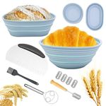 Sourdough Bread Starter Kit, Silicone Banneton Bread Proofing Basket Set of 2, 9 Inch Round & 10 Inch Oval Foldable Sourdough Proofing Basket, Complete Set for Sourdough Bread Making Tools (Blue)