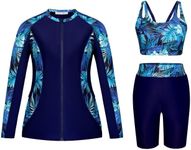 Hanna Nikole Women's 3 Piece Plus Size Rash Guard Long Sleeve Zip Up Swimsuits Swim Shirt Built in Bra Navy Blue-Blue Leaves 16 Plus