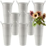 ZEONHEI 8 Pack 9 Inch Tall Galvanized Flower Bucket, White Farmhouse French Flower Bucket with Handle, Small Rustic Floral Bucket Vintage Metal Vases for Flower, Centerpieces, Wedding Arrangements