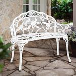 Takasho Rose Design Metal Bench Curved Antique Style for Garden Patio Terrace Camp Balcony Backyard, Indoor Outdoor Furniture, Pool Side Bristo Double Sitting, White