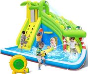 Inflatable Water Slide:5 in 1 Crocodile Bounce House Water Park for Kids - Climbing Wall Splash Pool Water Cannon Basketball Rim - 480W Blower - for Indoor Outdoor Backyard Birthday Party