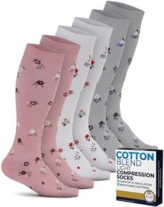 Pembrook Light Compression Socks for Women Cotton - 3 Pairs | 8-15 mmhg Mild Compression Socks Women, Knee High Comfort and Fatigue Relief | Flowers