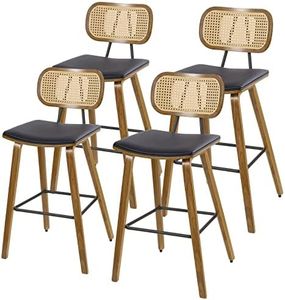 Counter Height Bar Stools Set of 4, Mid Century Modern Counter Stools, 26" Wood Kitchen Stool PU Leather Upholstered Barstool with Rattan Back, Counter Height Island Dining Bar Chair, Black