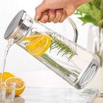 KELVEE 1.3 Liter Glass Pitcher with Stainless Steel lid iced Tea Pitcher Water jug hot & Cold Water Wine Coffee Milk Juice Beverage Carafe and Sun Tea jar, 1300ml