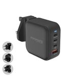 Promate GaNPort4 100W Gan Charger Adapter | 4-Ports GaN PD Wall Charger with 2 Type-C 100W Laptop Charger, 20W PD USB-C and 18W QC 3.0 Port for, iPad,Iphone&Andriod.100W type C Cable,2 years warranty.