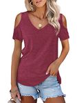 Amoretu Women V Neck T Shirts Short Sleeve Solid Color Soft Tops (Burgundy,L)