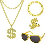 DOKLY 4Pcs Hip Hop Constume Kit, Dollar Sign Necklace Rings Bracelet Disco Necklace Sunglasses 60s 70s 80s 90s Hip Hop Accessories Party Supplies