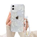 Ownest Compatible with iPhone 12 Case with Clear Cute Bling 3D Bowknots Pearl Aesthetic Patterns for Women Teen Girls, Glitter Sparkle Back and Lens Protection Phone Case Cover + Chain