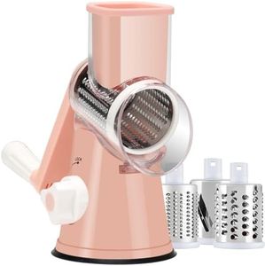 Ancevsk Rotary Cheese Grater with Handle, Round Mandoline Speed Kitchen Slicer Machine, 3 in 1 Multifunctional Vegetable Shredder Manual Garlic Grinder for Nuts, Potato, Carrot, Hashbrown (Pink)