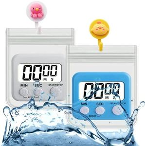 NUOSWEK 2 Pack Silent Non-Ticking Battery Operated Shower Timer, Digital Timer with Waterproof Bag, Small Size Kitchen Timer with Magnet and Back Stand (White+Blue)