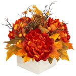 Oairse Fall Decor Autumn Harvest Floral Centerpiece with Artificial Peony Maple Leaf and Berries Arrangement for Thanksgiving Party Mantel Fall Decor