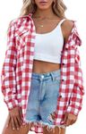 Zeagoo Womens Plaid Flannel Shirt, Roll up Long Sleeve Checkered Cotton Shirt,Watermelon Red,Large