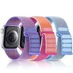 Nylon Sport Loop Band Fit for Apple Watch Bracelet 42mm 44mm 45mm 46mm 49mm 38mm 40mm 41mm iWatch Strap Series 10 9 8 7 6 5 4 3 2 1 Ultra SE, Stretchy Bands for Women Men, Purple/Rose Orange/Lake Blue