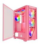 Apevia Aurora-PK Aurora Mid Tower Gaming PC Case w/ 6X 120mm PWM ARGB Fans, 366 RGB Light Modes, 1x Glass & Mesh Front Panel, 1x Door Swivel Style Magnetic Glass Side Panel, 2X USB3.0, Pink