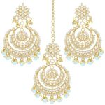 Aheli Bollywood Ethnic Chandbali Style Big Earrings Maang Tikka Set Indian Traditional Bollywood Fashion Jewelry Gift for Women Sky Blue