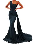 One Shoulder Satin Prom Dresses for Women Mermaid Bridesmaid Dresses Formal Evening Party Gowns with Train, Navy Blue, 16