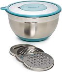 Goodful Stainless Steel Mixing Bowl with Non-Slip Bottom, Lid and 3 Interchangeable Grater Inserts (Fine, Coarse, Slicing), 5 Quart, Teal