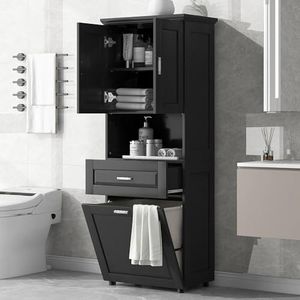 Wekuku Tall Bathroom Cabinet with Laundry Basket, Large Storage Space Tilt-Out Laundry Hamper and Upper Storage Cabinet, White (70'' Tall Bathroom Cabinet, Grey)