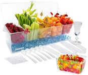 OZWEN Ice Chilled Condiment Server Tray with 5 Compartments & Hinged Lid & Tongs & Spoons & Forks & Mini Cup, Condiment Caddy Container Cocktail Garnish & Ice Fruit Salad Server & Food Serving Tray