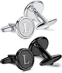 ORAZIO Cufflinks For Men Engraved Initials Cufflinks Silver Black Set Stainless Steel Tuxedo Shirt Cuff Links Letter Alphabet A-Z Gift With Box For Wedding,Dad,Groom,Groommen,Husband, Stainless Steel,