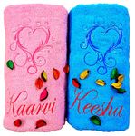 TurtleLittle, Cotton, Hearts Personalised Valentines Couple Bath Towel Set, 600 GSM (Set of 2, Pink & Blue)