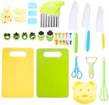 ONXE 32 Pcs Kids Kitchen Safe Knife Tools for Real Cooking Toddler Kitchen Tools Kitchen Knife Set with Cutting Board Fruit Peeler Crinkle Scissors Plastic Serrated Knives Fruit Forks Apron (Yellow)