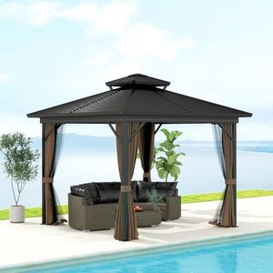 Outsunny 10' x 10' Hardtop Gazebo, Aluminum Frame Garden Sun Shelter with Double Tier Metal Roof, Mosquito Netting, Curtains, and Hanging Hook, Dark Brown