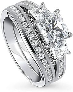 BERRICLE Rhodium Plated Sterling Silver Princess Cut Cubic Zirconia CZ 3-Stone Anniversary Engagement Wedding Ring Set 2.9 CTW Size 7.5