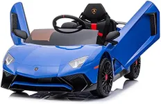 Kidzone Kids Electric Ride On 12V Licensed Lamborghini Aventador Battery Powered Sports Car Toy with 2 Speeds, Parent Control, Sound System, LED Headlights & Hydraulic Doors - Blue