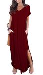 GRECERELLE Women Maxi Long Dress Summer Casual Beach Boho Short Sleeve V Neck Maxi Dresses with Pocket (Wine Red, M)