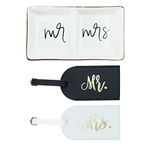 UgyDuky Mr and Mrs Gift Set 1 Mr & Mrs Ring Dish Holder Ceramic Trinket Tray Jewelry Plate 2 Mr & Mrs Luggage Tags with Sturdy Buckle Straps Faux Leather Travel Tags for Wedding Honeymoon Newlyweds