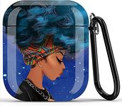 Black Girl Airpods Case - Icepos African American Protective Hard Case Cover Portable & Shockproof Women Girls with Keychain for Apple Airpods 2/1 Charging Case (Blue Hair Girl)