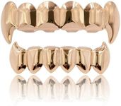 JINAO Rose Gold vampire teeth grillz Face 14K Rose Gold Plated Hip Hop Fangs Top Bottom Mouth Grills for Your Teeth Set for Men and Women (Rose grillz)